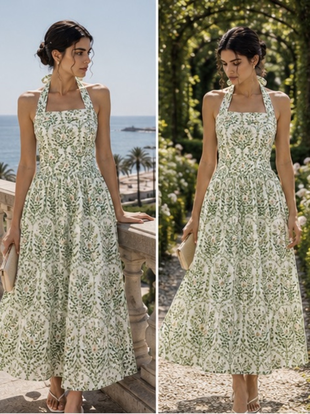 H&M White and Green Floral Halter Midi Dress - Picture 5 of 16
